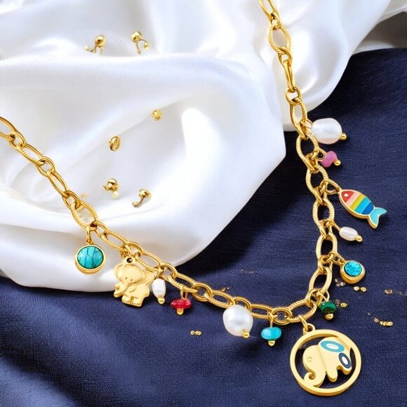 🆕18K Gold Plated Colorful Elephant Turquoise Fish Pearl Charm Necklace + Gift🎁 - Picture 1 of 15
